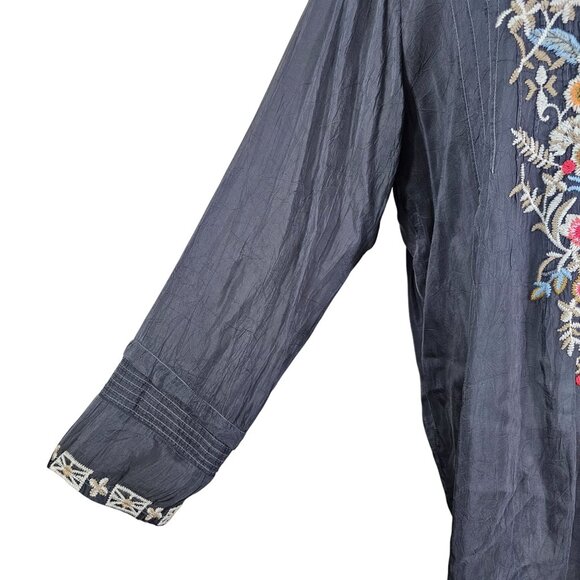 Johnny Was Arianna Floral Embroidered LS Tunic Blouse XL Gray Boho Relaxed Flowy - Picture 9 of 11